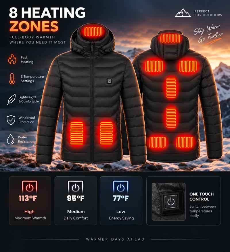 Thermza black jacket 8 heating zones infographic, 113F 95F 77F
