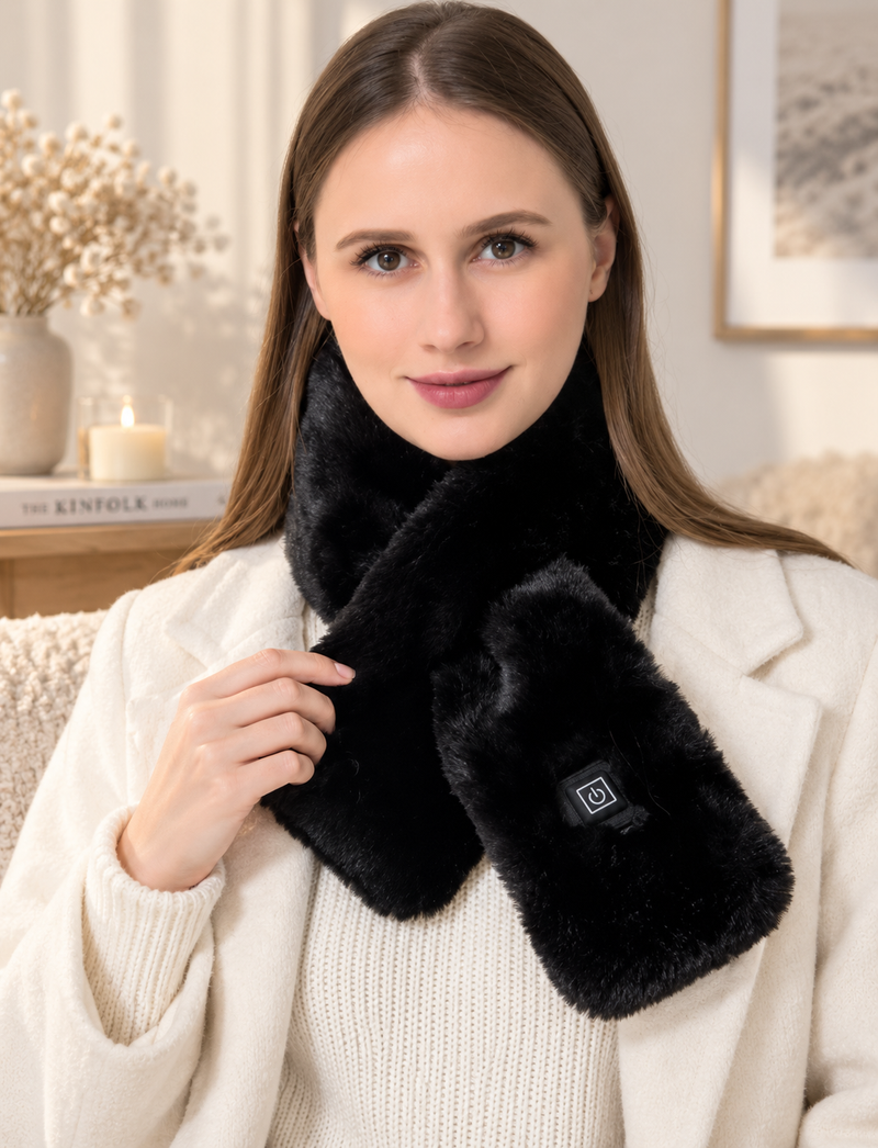 Thermza heated scarf in black, worn by model
