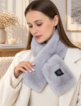 Thermza heated scarf in grey, worn by model