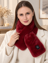 Thermza heated scarf in wine red, worn by model
